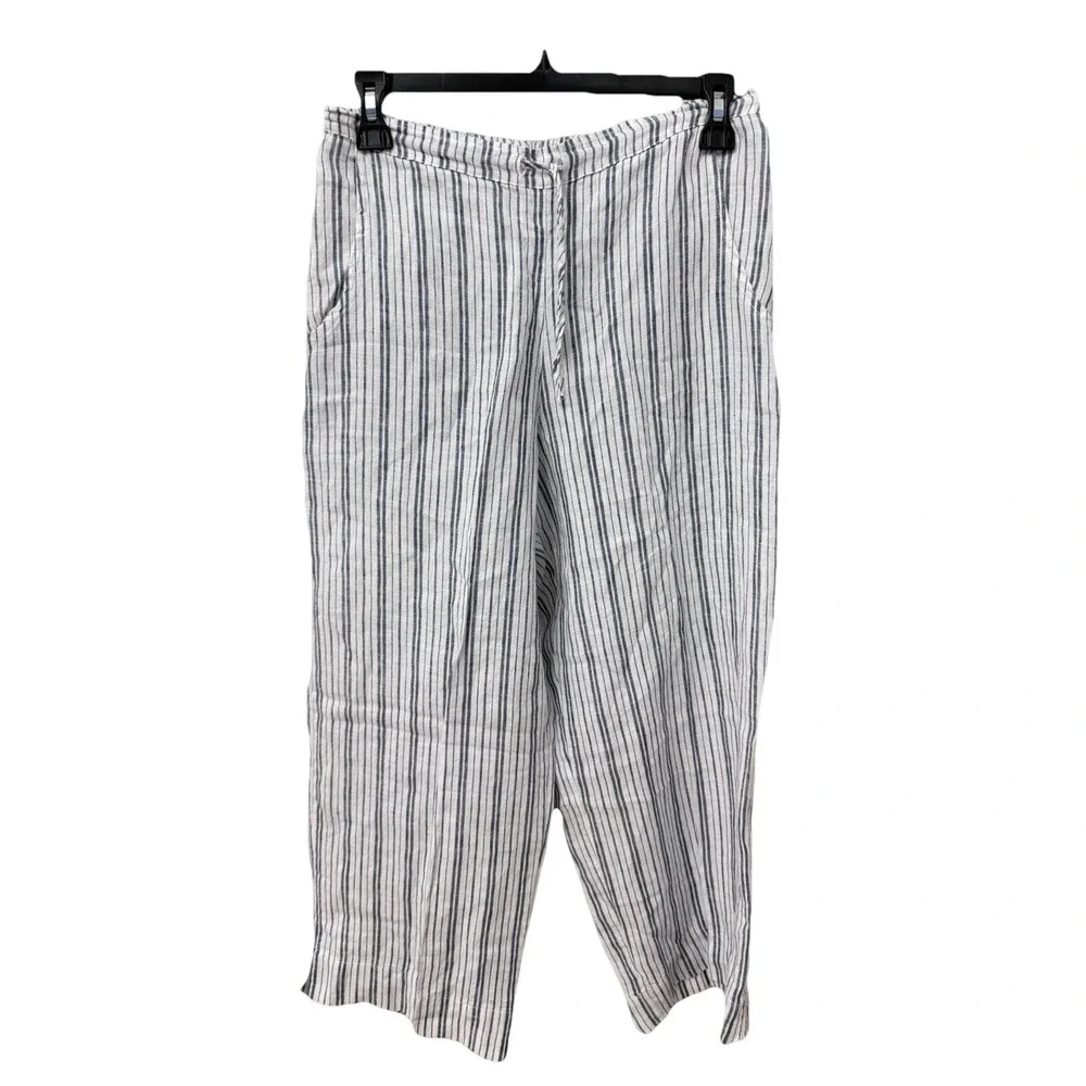Bryn Walker‎ Linen Striped Pants XXS Blue White Wide Leg Crop Drawstring USA